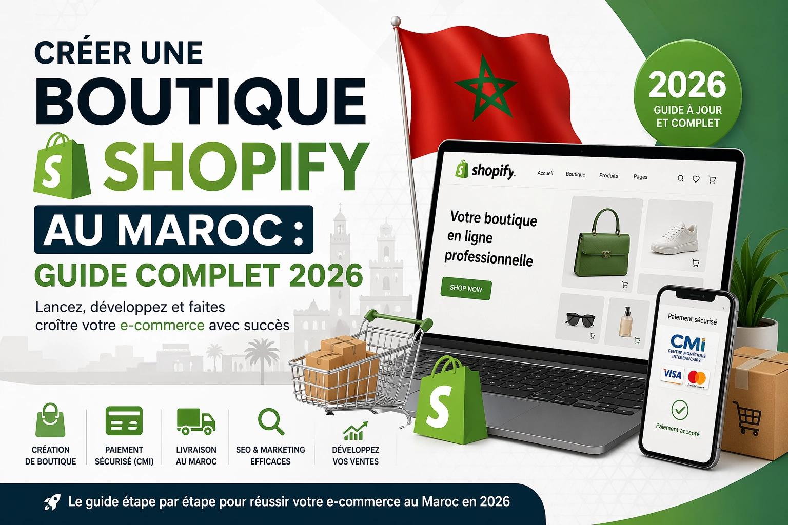 Créer une boutique Shopify au Maroc guide 2026 avec paiement CMI, livraison e-commerce et optimisation SEO
